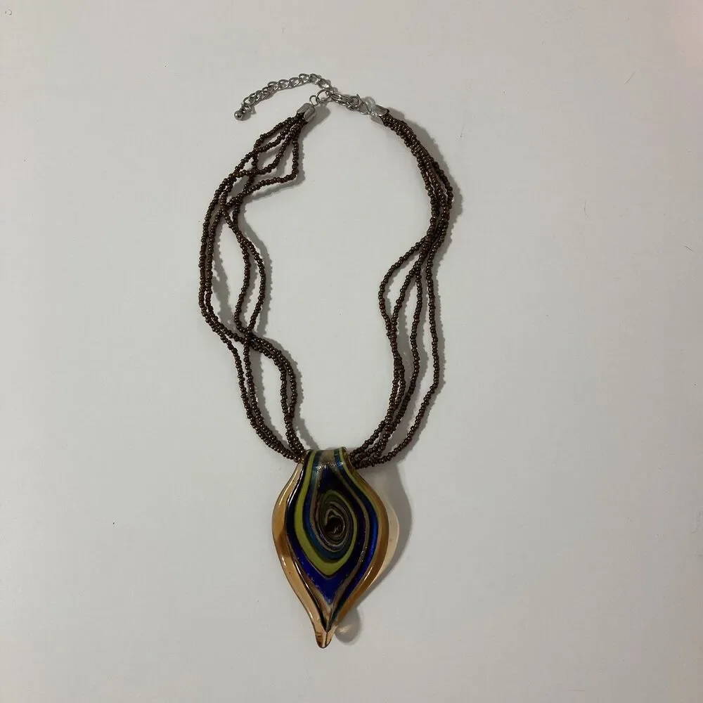 Glass Seed Bead Pendant Necklace Copper Foil Swirl Murano Style Brown Blue